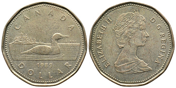 КАНАДА 1 ДОЛЛАР 1989 УТКА KM 157 никель плакированный позолоченной бронзой 4364-1324