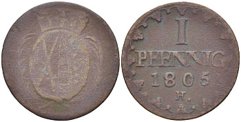 САКСОНИЯ 1 ПФЕННИГ 1805 Н, ФРИДРИХ АВГУСТ III (1763-1806) KM 1000 (С91) медь 206-357