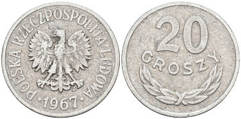 ПОЛЬША 20 ГРОШЕЙ 1967 MW KM A47 алюминий VF 188-266