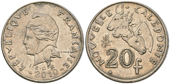 Французская Новая Каледония 20 франков 2010 три быка, (IEOM) KM 12a, Schoen 14a медно-никель 4137-413