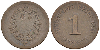 Германия 1 пфенниг 1874 C, Вильгельм I (1871-1888) KM 1, J. 1, Weege 1 медь 4147-332