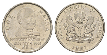 Нигерия 1 найра 1991 KM 14 сталь плакированная никелем 4177-445