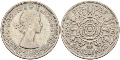 Великобритания 2 шиллинга (флорин) 1966 Елизавета II (1952-2022) KM 906, Spink 4146 медно-никель 4117-1033