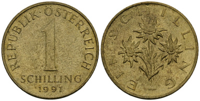 Австрия 1 шиллинг 1991 KM 2886 алюминиевая бронза 4135-224