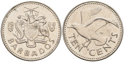Барбадос 10 центов 1980 смеющаяся (Ацтекская) чайка KM 12 медно-никель 4392-913