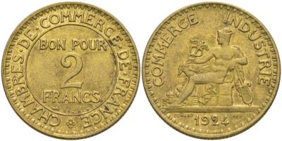 ФРАНЦИЯ 2 ФРАНКА 1924 ТИП CHAMBRES DE COMMERCE KM 877, LE FRANC 267.6 алюминиевая бронза 69-1146
