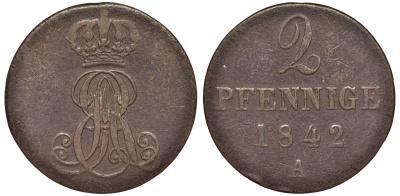 Ганновер 2 пфеннига 1842 A, Эрнст Август (1837-1851) KM 174.1, AKS 122, J. 55 медь 75-1726