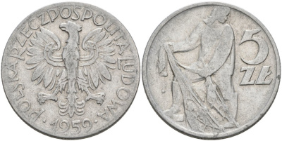 Польша 5 злотых 1959 MW, рыбак KM 47 алюминий 4572-345