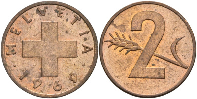 Швейцария 2 раппена 1969 KM 47 бронза 4592-544