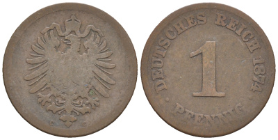Германия 1 пфенниг 1874 C, Вильгельм I (1871-1888) KM 1, J. 1, Weege 1 медь 4147-332