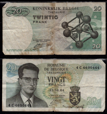 Бельгия 20 франков 1964 Бодуэн I; Атомиум, Брюссель Pick 138 (3) бумага 7548-118-3-2