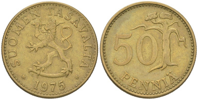Финляндия 50 пенни 1975 S KM 48 алюминиевая бронза 4577-834