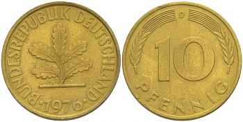 ФРГ 10 ПФЕННИГОВ 1976 D KM 108, J.383 сталь плакированная латунью 3996-633