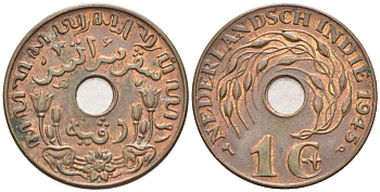 Нидерландская Восточная Индия 1 цент 1945 р, Вильгельмина (1890-1948) KM 317 бронза 4577-446