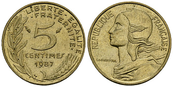 Франция 5 сантимов 1987 тип Marianne KM 933 алюминиевая бронза 4136-447