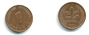 ФРГ 1 ПФЕННИГ 1985 J KM 105, J.380 сталь плакированная медью 89-1717