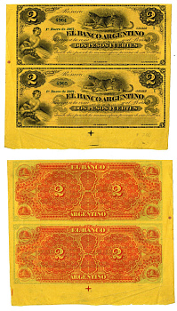 Аргентина 2 песо 1867 неразрезанные банкноты. Аллегорическая женщина-ягуар Pick S1532 бумага 451-1263-1