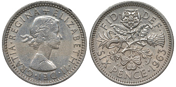 Великобритания 6 пенсов 1963 Елизавета II (1952-2022) KM 903, Spink 4149 медно-никель 4122-625