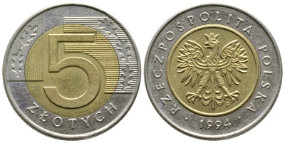 Польша 5 злотых 1994 MW KM 284 биметалл 4610-937