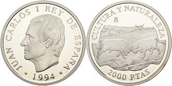 Испания 2000 песет 1994 серия культура и природа, битва быков KM 941 серебро PROOF 1072-8-62