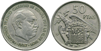 Испания 50 песет 1957 (59) Франсиско Франко (1939-1975) KM 788 медно-никель 4111-715
