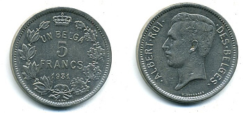 БЕЛЬГИЯ 5 ФРАНКОВ 1931 АЛЬБЕРТ 41-511
