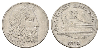 Греция 20 драхм 1930 Посейдон, год-тип KM 73 серебро 5010-324