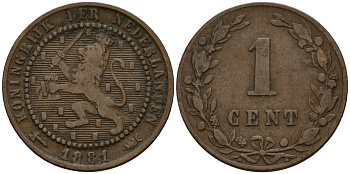 Нидерланды 1 цент 1881 Виллем III (1849-1890) KM 107 бронза 4154-861