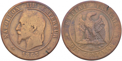 Франция 10 сантимов 1863 BB, Наполеон III (1852-1870) KM 798.2, Le Franc 134.9 бронза 114-1224