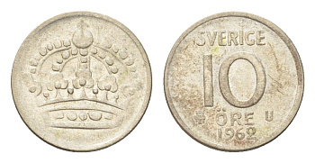 Швеция 10 эре 1962 TS Густав VI Адольф (1950-1973) KM 823 серебро 4705-924
