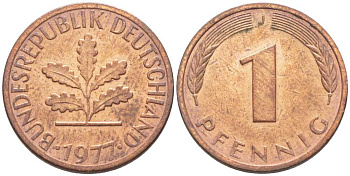 ФРГ 1 ПФЕННИГ 1977 J KM 105, J. 380 сталь плакированная медью 116-369