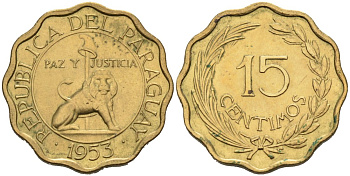 Парагвай 15 сентимо 1953 лев, фригийский колпак на шесте KM 26 алюминиевая бронза 4566-755