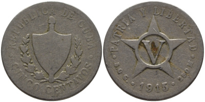 Куба 5 сентаво 1915 ПЕРВАЯ РЕСПУБЛИКА (1902-1962) KM 11.1 медно-никель 4379-233