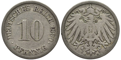 ГЕРМАНИЯ 10 ПФЕННИГОВ 1890 J KM 12, Jager 13, Weege 8 медно-никель 4543-1013
