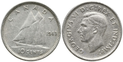 Канада 10 центов 1943 Георг VI (1936-1952), парусник KM 34 серебро 4532-742