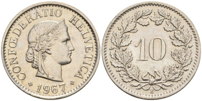 Швейцария 10 раппенов 1967 B KM 27 медно-никель 4608-513