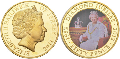 Джерси 50 пенсов 2011 60 лет коронации Королевы Елизаветы II (Елизавета II в короне в платье на троне) KM 239 сталь плакированная золотом BU 11-134-13