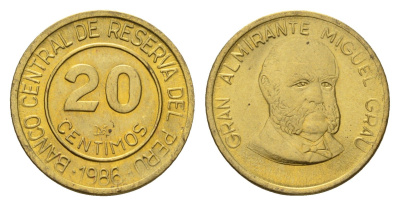 Перу 20 сентимо 1986 Мигель Грау Семинарио KM 294 латунь UNC 4615-127