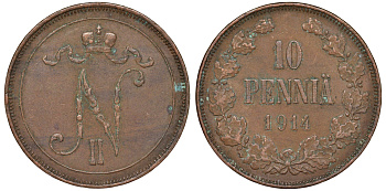 Россия для Финляндии 10 пенни 1914 Николай II (1894-1917) Биткин 437 медь 51-1331