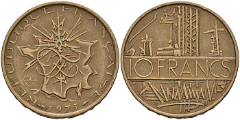 Франция 10 франков 1975 тип Матье KM 940, Le Franc 365.5-6 никель латунь 4607-412