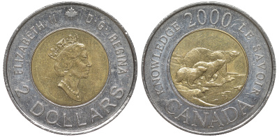 Канада 2 доллара 2000 миллениум, полярные медведи KM 399 биметалл 4605-624
