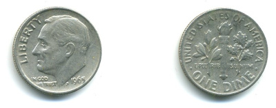 США 10 ЦЕНТОВ = 1 ДАЙМ 1965 РУЗВЕЛЬТ KM 195а медь плакированная медно-никелем 54-1146