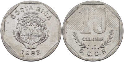 Коста-Рика 10 колонов 1992 B.C.C.R. KM 215.1 нержавеющая сталь 82-125