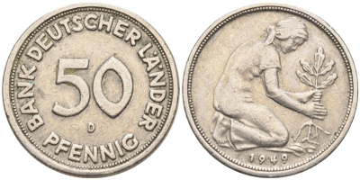 ФРГ 50 пфеннигов 1949 F KM 104, J. 379 медно-никель 4132-1155