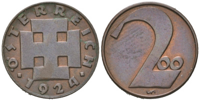 Австрия 200 крон 1924 Республика, денежная реформа KM 2833 бронза  aUNC 192-224