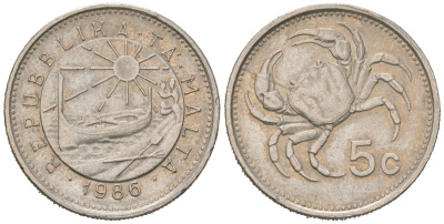 Мальта 5 центов 1986 краб KM 77 медно-никель 4528-1031
