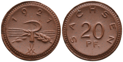Саксония 20 пфеннигов 1921 колосья и серп J. N 53 фарфор UNC 1094-8-84