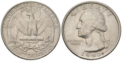 США 25 центов = квотер = 1/4 доллара 1992 P, Джордж Вашингтон KM 164a медь плакированная медно-никелем 216-743