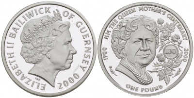 Гернси 1 фунт 2000 100 лет Елизавете, королеве матери KM 99 серебро PROOF 650-1111