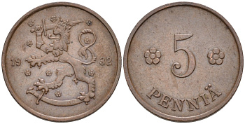 ФИНЛЯНДИЯ 5 ПЕННИ 1932 KM 22 медь 192-1248